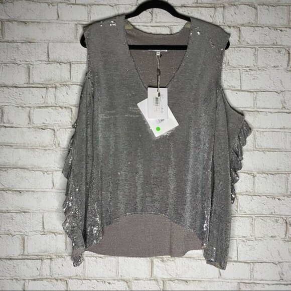 NWT IRO Women's Metallic Waleast Cold-shoulder Ruffled Sequined Tulle Top Size 2 - Picture 7 of 11